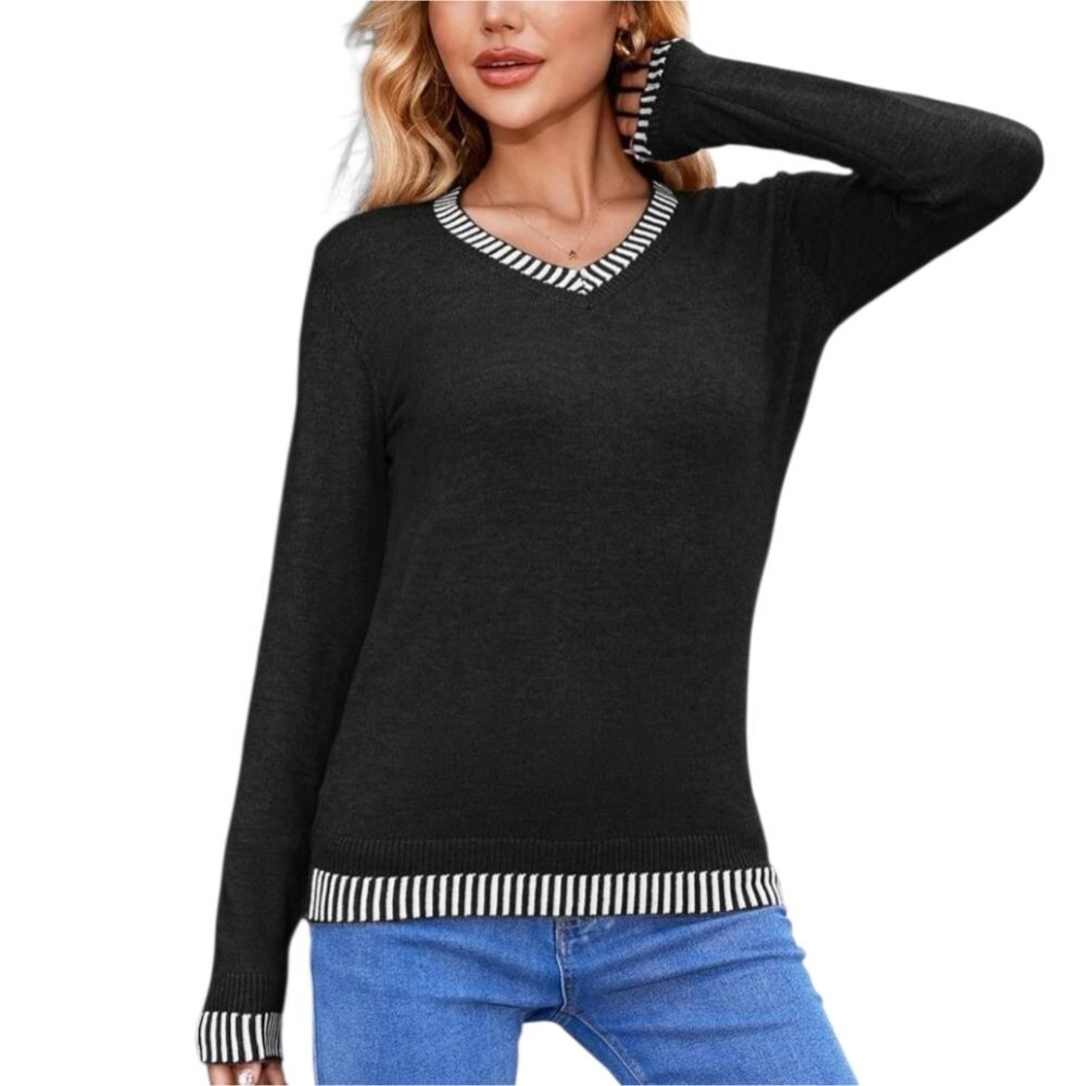Black Long Sleeve Lightweight V-Neck Sweater with Striped Trim - NIP